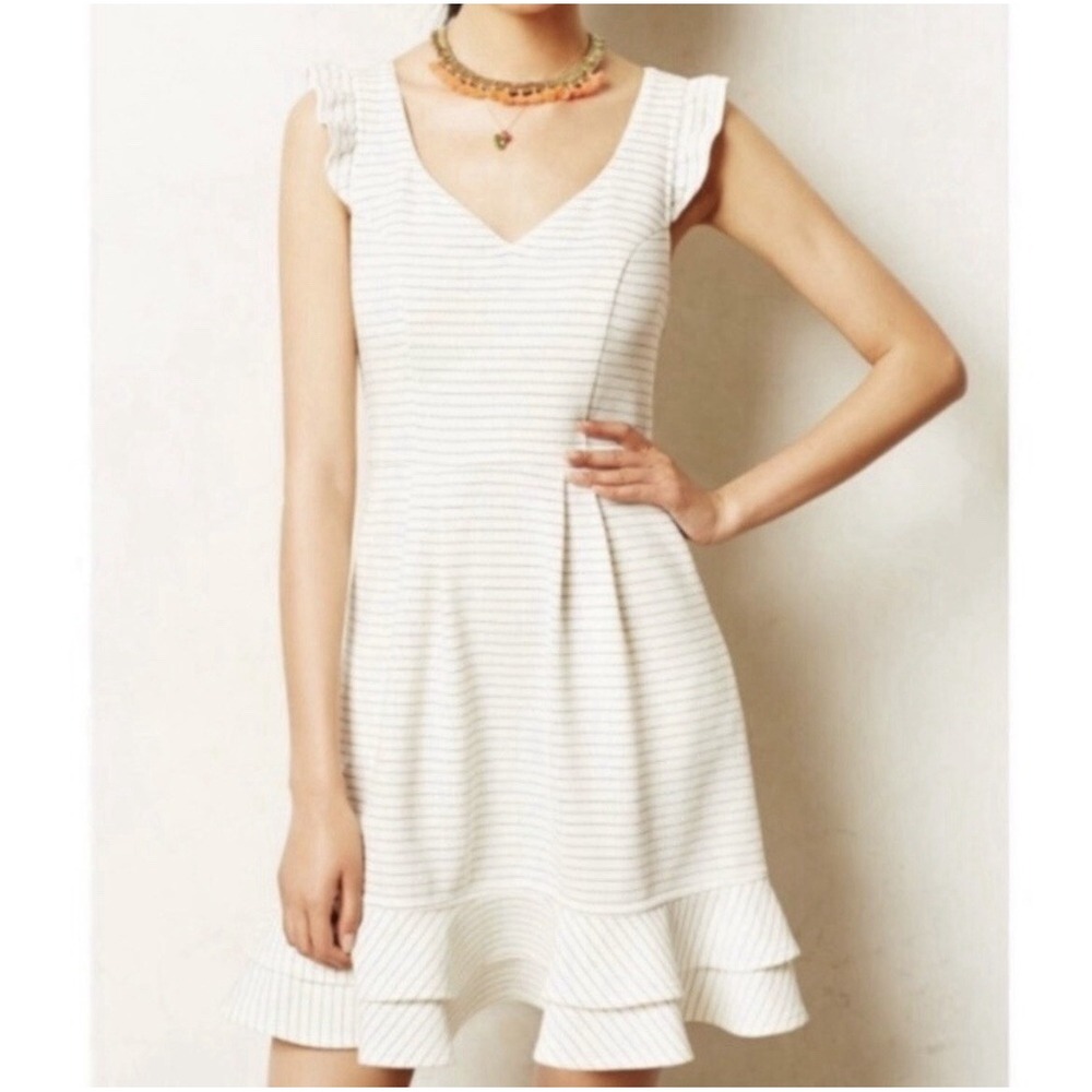 Maeve Fit and Flare Dress Womens 4 White Striped Ruffle Hem Pockets V-Neck
